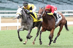 Atomic Blonde (left) runs down Chop Chop to win the Keertana Stakes at Churchill Downs
