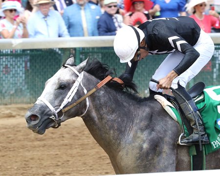 Jaime Torres celebrates aboard Seize the Grey as they win the Pat Day Mile Stakes at Churchill Downs