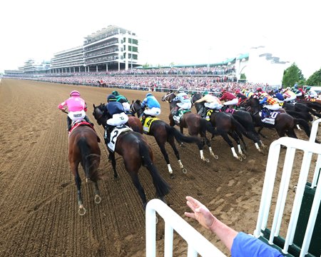 The field breaks from the gate in the 2024 Kentucky Derby at Churchill Downs
