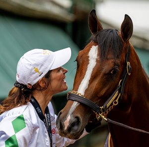 Co-owner Sharilyn Gasaway and Mystik Dan ahead of the Preakness Stakes at Pimlico Race Course