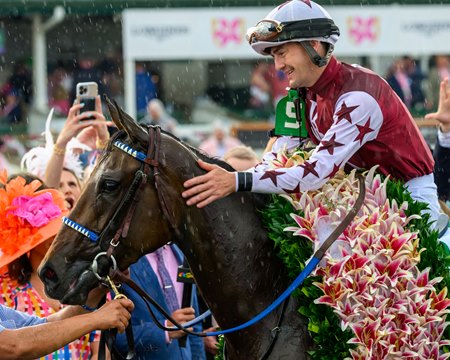 Brian Hernandez Jr. celebrates a Kentucky Oaks victory aboard Thorpedo Anna at Churchill Downs