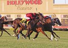 First World War #4 (L) with Frankie Dettori riding wins the $400,000 Penn Mile at Penn National Racecourse on Friday May 31, 2024.  Photo By Kathy Hair/EQUI-PHOTO