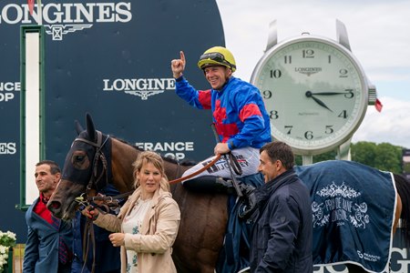 Sparkling Plenty and Tony Piccone after their win in the Prix de Diane at Chantilly Racecourse