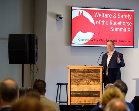 Tim Parkin speaks in 2024 during the Welfare and Safety of the Racehorse Summit
