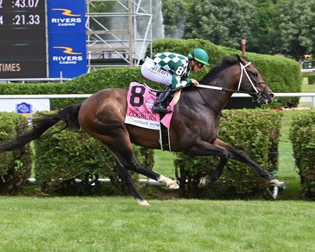 Cogburn sprints home in his record-setting victory in the Jaipur Stakes at Saratoga Race Course