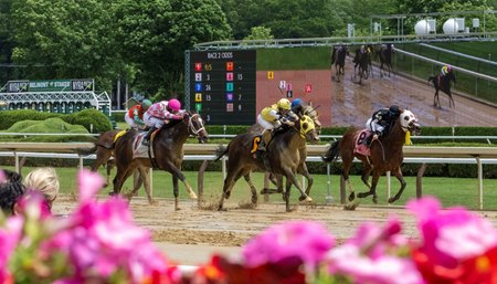 Horses compete down the stretch at Saratoga Race Course