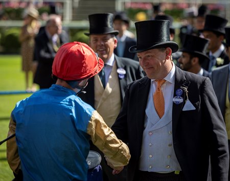 Wathnan Racing advisor Richard Brown congratulates James Doyle after winning aboard Haatem in the 2024 Jersey Stakes at Royal Ascot