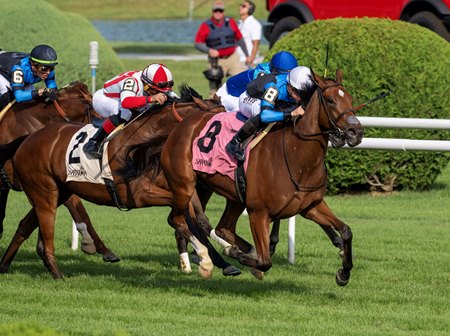 Pounce wins the Lake George Stakes at Saratoga Race Course