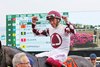 #7 Beaute Cachee with Lanfranco Dettori riding won the $300,000 G3T WinStar Matchmaker Stakes at  Monmouth Park Racetrack in Oceanport, NJ on Saturday July 20, 2024.  Photo By Melissa Torres/EQUI-PHOTO