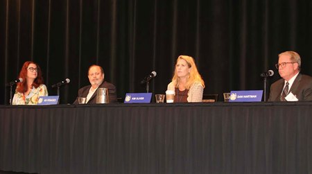 (L-R): Michele Fischer, Ed Fenasci, Kim Oliver, and Dan Hartman discuss fixed odds wagering on horse racing during the National HBPA Conference at Prairie Meadows