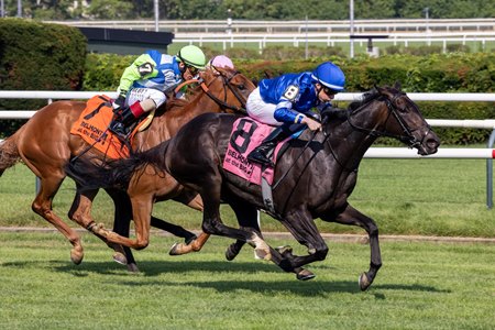 Cinderella's Dream rallies to capture the Belmont Oaks Invitational Stakes at Aqueduct Racetrack