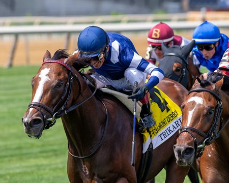 Trikari wins the Belmont Derby Invitational Stakes at Aqueduct Racetrack