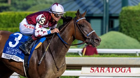 Thorpedo Anna wins the Coaching Club American Oaks at the Saratoga Race Course