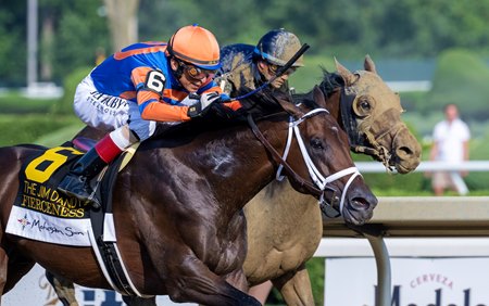 Fierceness (outside) outlasts Sierra Leone in the Jim Dandy Stakes at Saratoga Race Course