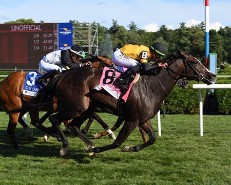 Dontlookbackatall wins the Caress Stakes at Saratoga Race Course