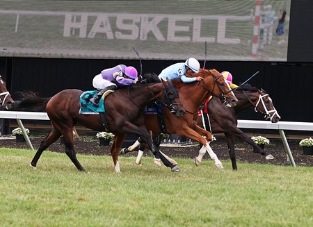 Get Smokin (between horses) defeats Grand Sonata (inside) and Tawny Port (outside) in the 2024 United Nations Stakes at Monmouth Park