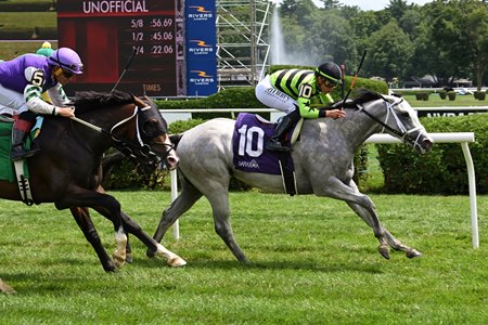 A son of first-crop sire Tiz the Law, Out On Bail breaks his maiden at Saratoga Race Course 