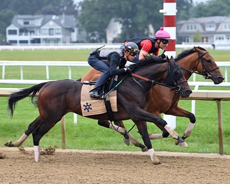 Honor Marie (outside) breezes with blinkers on Aug. 17 at Saratoga Race Course 
