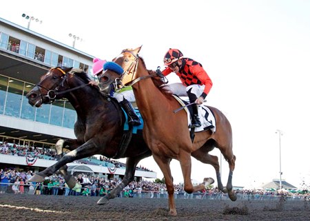 Five Star General (left) wins his second Longacres Mile Stakes at Emerald Downs