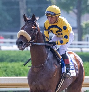 Far Bridge with jockey Joel Rosario following his victory in the 2024 Sword Dancer Stakes at Saratoga Race Course