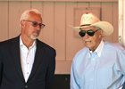 Two Hall of Fame trainers Todd Pletcher, left and his mentor D. Wayne Lukas speak in the saddling area of paddock at the Saratoga Race Course Saturday Aug 10, 2024 in Saratoga Springs, N.Y.  Photo by Skip Dickstein