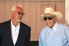 Two Hall of Fame trainers Todd Pletcher, left and his mentor D. Wayne Lukas speak in the saddling area of paddock at the Saratoga Race Course Saturday Aug 10, 2024 in Saratoga Springs, N.Y.  Photo by Skip Dickstein