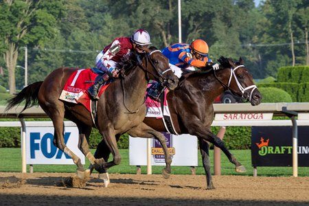 Fierceness defeats Thorpedo Anna in the Travers Stakes at Saratoga Race Course