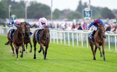 Content (Ryan Moore, right) beats You Got To Me (left) and Emily Upjohn (centre) to win the Yorkshire Oaks
York 22.8.24 Pic: Edward Whitaker