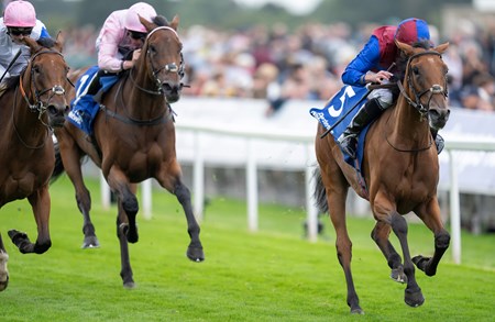 Content (Ryan Moore, right) beats You Got To Me (left) and Emily Upjohn (centre) to win the Yorkshire Oaks
York 22.8.24 Pic: Edward Whitaker