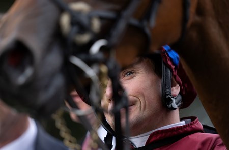 Ryan Moore looks up at Content after winning the Yorkshire Oaks
York 22.8.24 Pic: Edward Whitaker