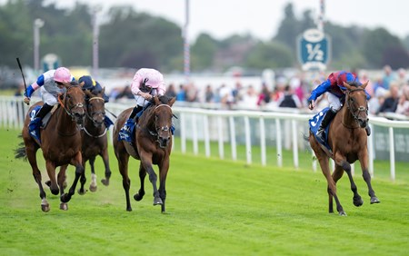 Content (Ryan Moore, right) beats You Got To Me (left) and Emily Upjohn (centre) to win the Yorkshire Oaks
York 22.8.24 Pic: Edward Whitaker