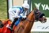 Irish-bred Gold Phoenix and jockey Kyle Frey, right, sneak by on the inside to win the Grade II Del Mar Handicap for the third-straight year, Saturday, August 31, 2024 at Del Mar Thoroughbred Club, Del Mar, CA. 
Benoit Photo