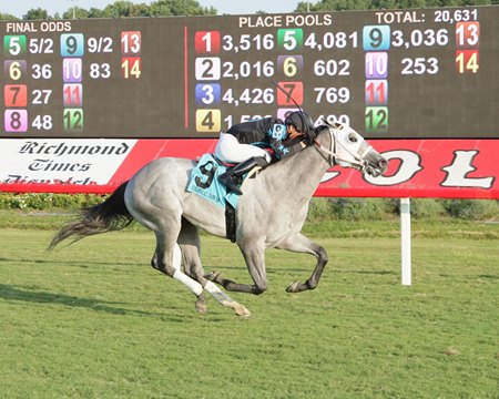 Moon Factor, consigned as Hip 412 in the OBS Online January Sale, wins a 2024 maiden claiming race at Colonial Downs