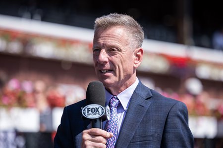 Broadcaster Richie Migliore speaks during FOX coverage from Saratoga Race Course