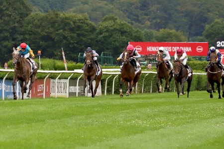 Lady Mary (second from right) finishes third in the Henkel Preis der Diana–German Oaks at Dusseldorf