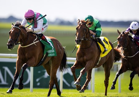 Babouche (pink cap) wins the Phoenix Stakes at the Curragh