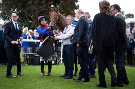 Content after winning the Yorkshire Oaks on August 22, 2024
York 22.8.24 Pic: Edward Whitaker