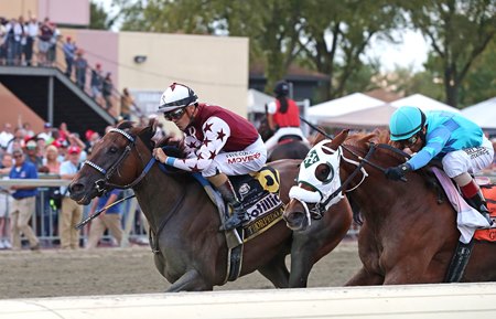 Gun Song (inside) finishes second to Thorpedo Anna in the 2024 Cotillion Stakes at Parx Racing