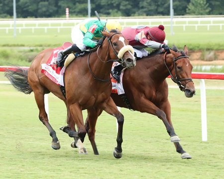 Style Points (outside) finishes in a dead heat  with Deep Satin for the win in the Virginia Oaks at Colonial Downs