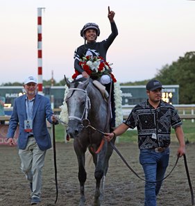 Jockey Jaime Torres celebrates his victory aboard Seize the Grey in the Pennsylvania Derby at Parx Racing