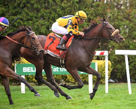 Far Bridge and jockey Joel Rosario hold off War Like Goddess to win the Joe Hirsch Turf Classic Stakes at Aqueduct Racetrack