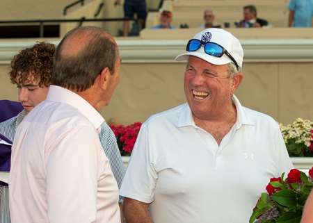 Mike Pegram (right) with co-owner Karl Watson after Gaming's victory in the 2024 Del Mar Futurity at Del Mar