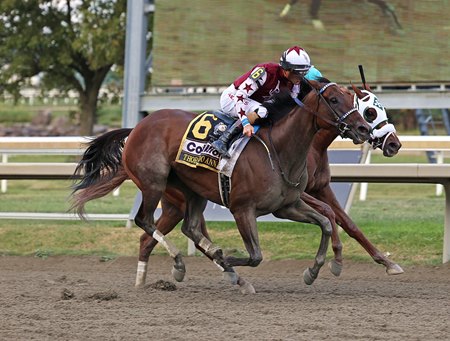 Thorpedo Anna (outside) wins the Cotillion Stakes at Parx Racing