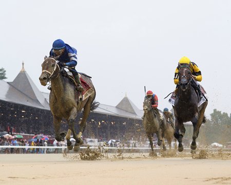 Immersive (left) defeats Quietside in the Spinaway Stakes at Saratoga Race Course