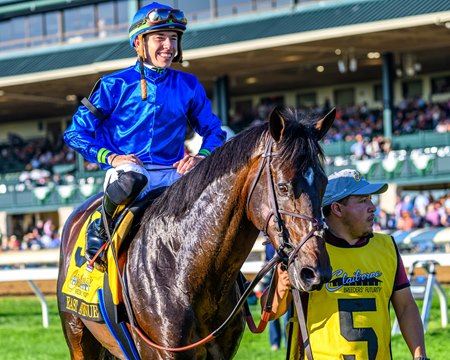 Tyler Gaffalione aboard East Avenue after that colt's victory in the Breeders' Futurity at Keeneland