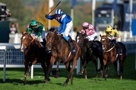 Shadwell Estate's Anmaat (second from left) wins the Champion Stakes at Ascot Racecourse