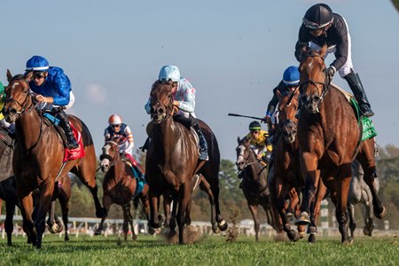 Pandora's Gift (middle in white/pink silks) will be disqualified from her third-place finish in the Franklin Stakes at Keeneland