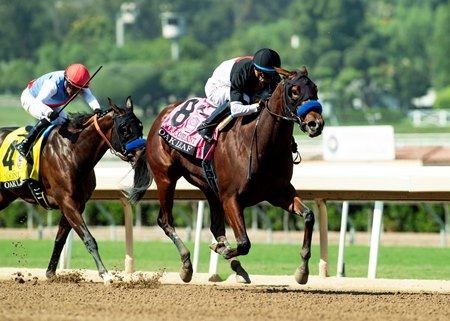 Non Compliant and jockey Juan Hernandez defeat stablemate Nooni in the Oak Leaf Stakes at Santa Anita Park