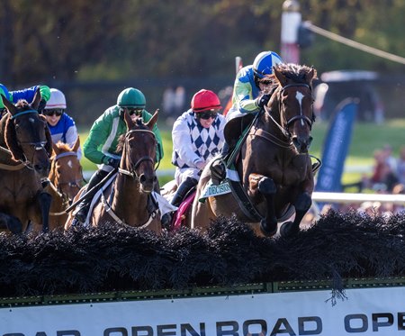 Snap Decision leads the field over the final jump in the American Grand National Stakes at Far Hills