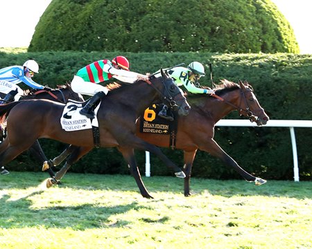 Brilliant Berti holds off stablemate Depiction to win the Bryan Station Stakes at Keeneland